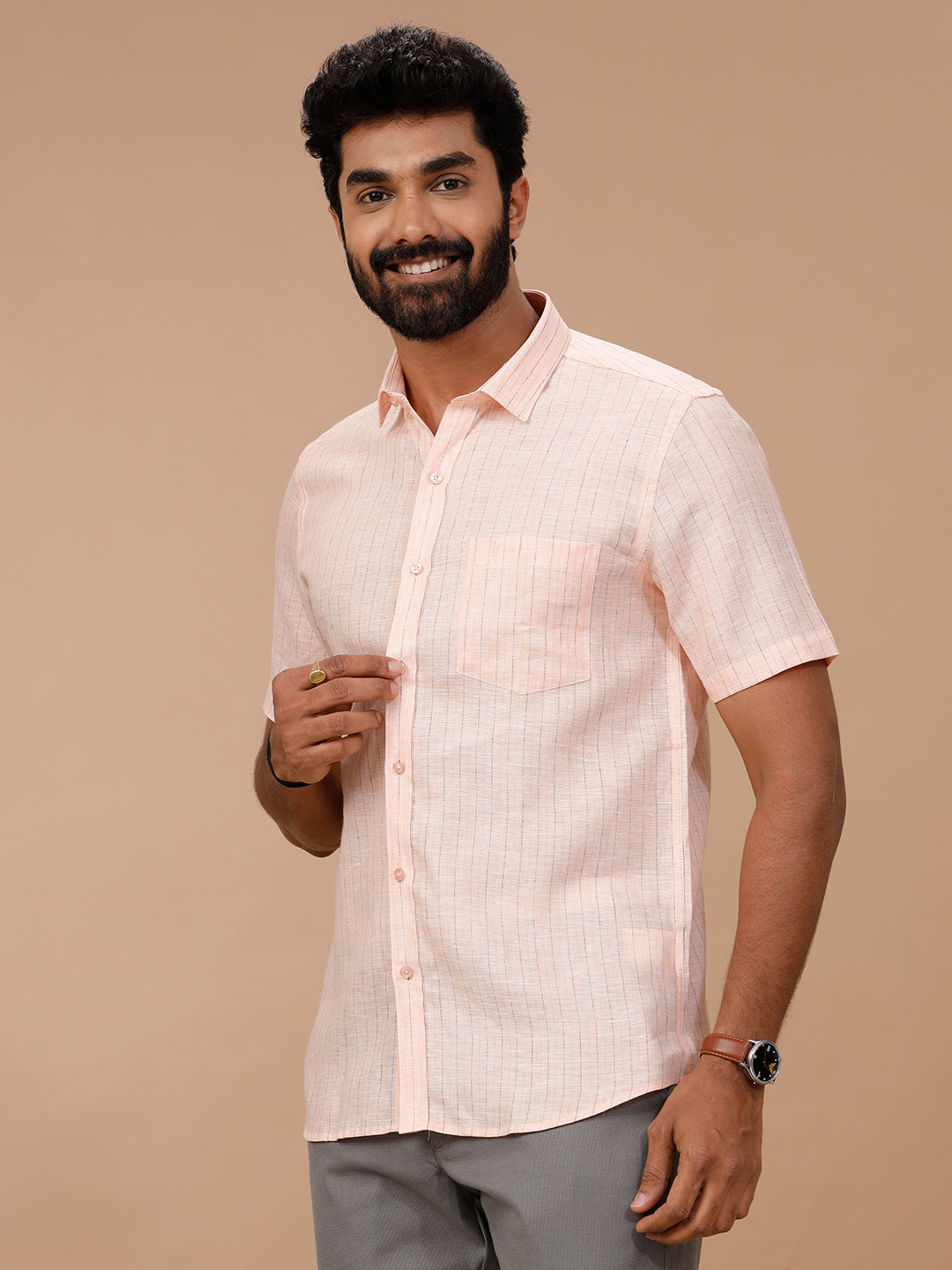 Men Pure Linen Striped Shirt Pink LS89