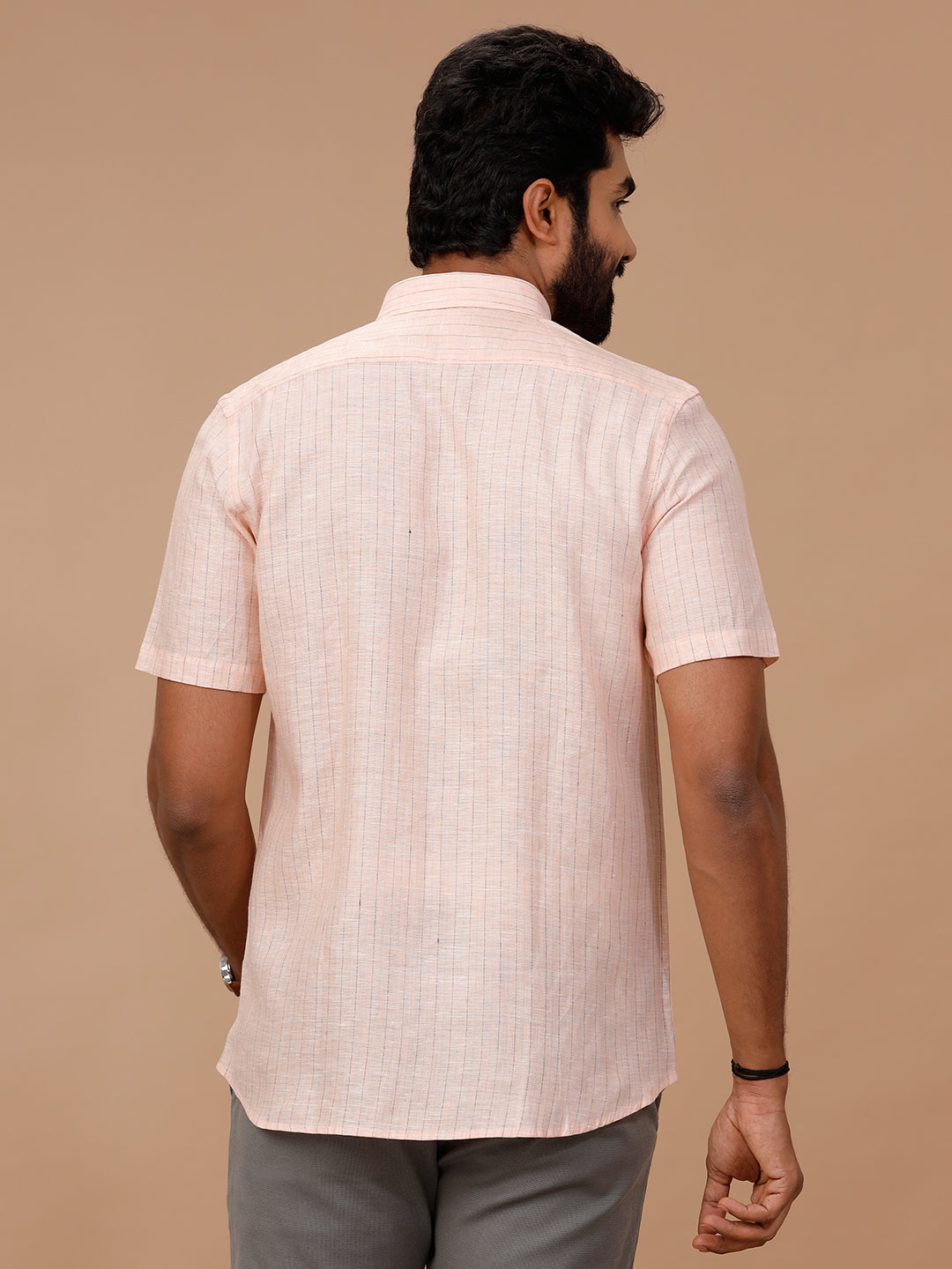 Men Pure Linen Striped Shirt Pink LS89