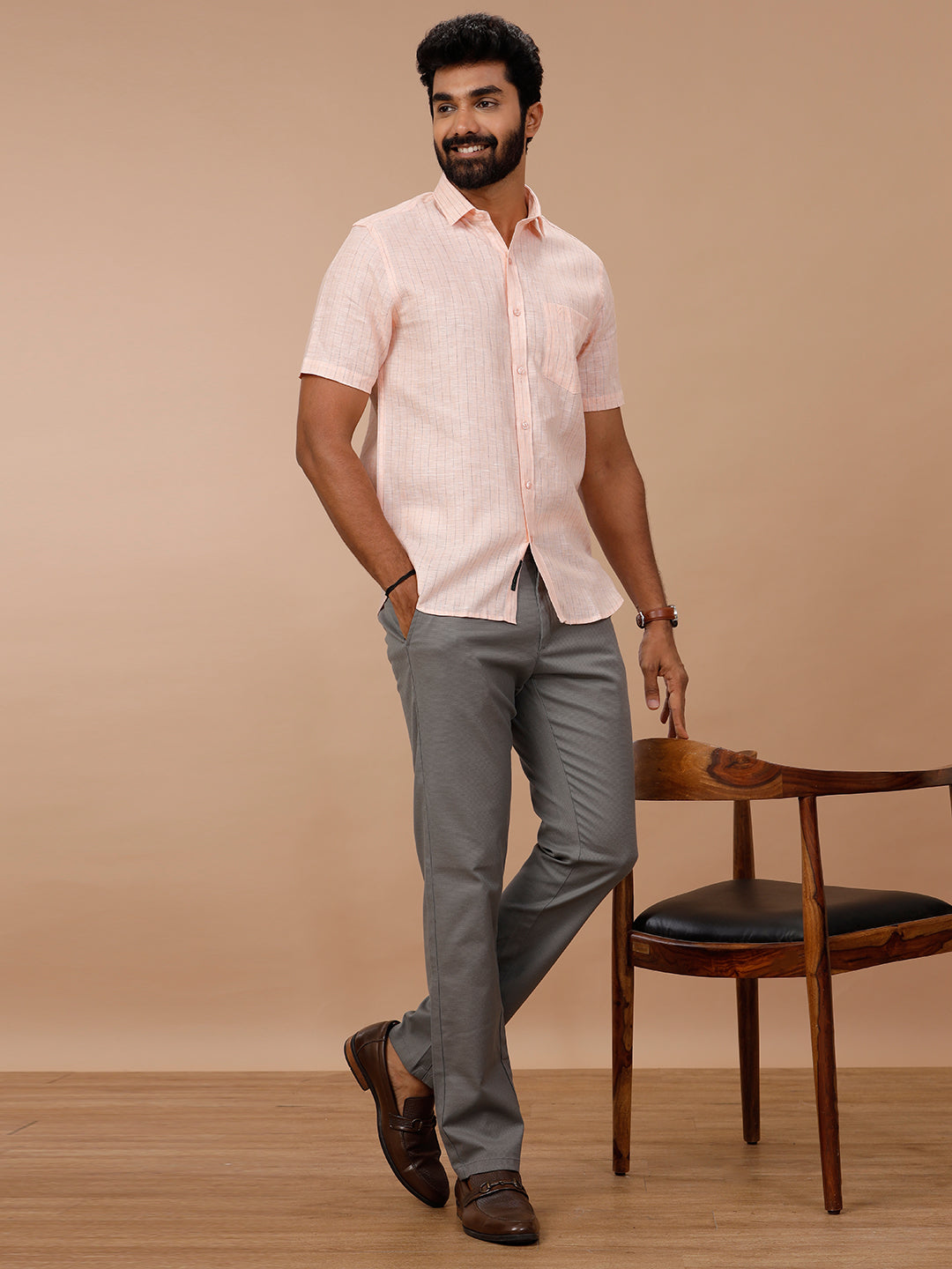 Men Pure Linen Striped Shirt Pink LS89