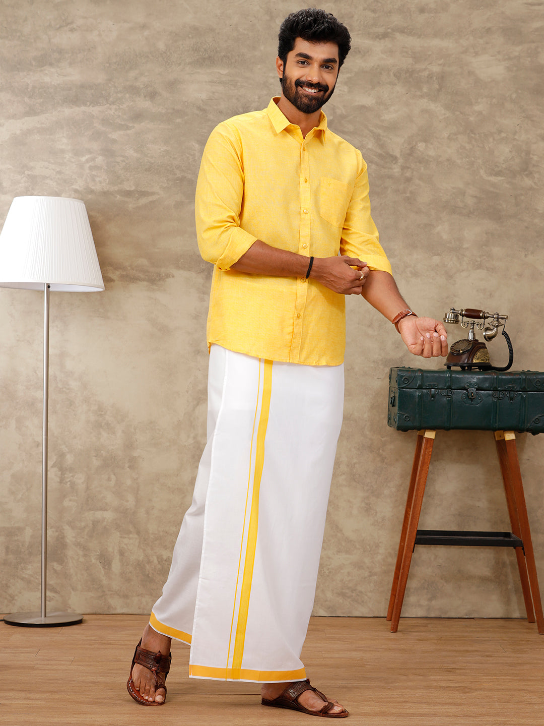 Mens Vetti Vaaram Matching Border Dhoti & Shirt Combo Yellow