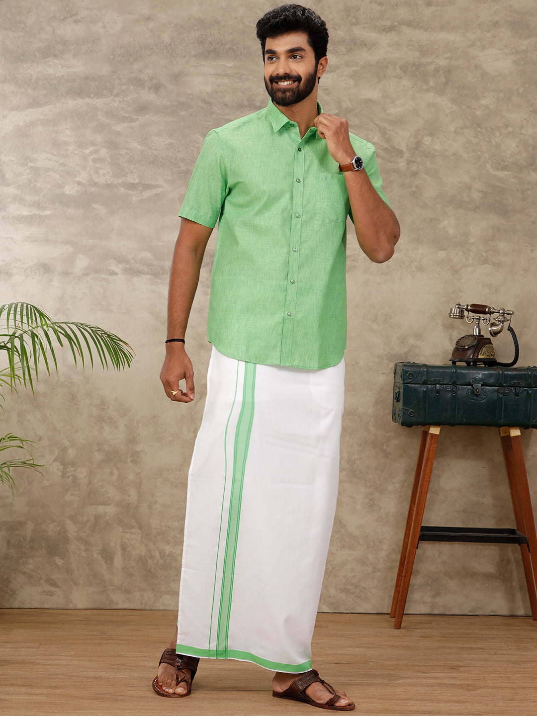 Men Matching Dhoti & Shirt Set Green CC6