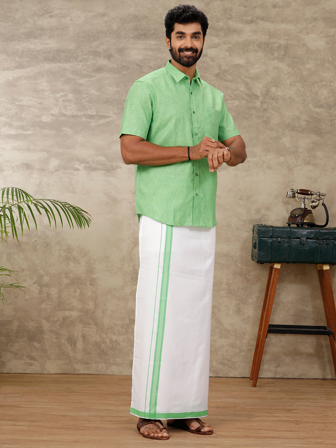 Mens Vetti Vaaram Matching Border Dhoti & Shirt Combo Green