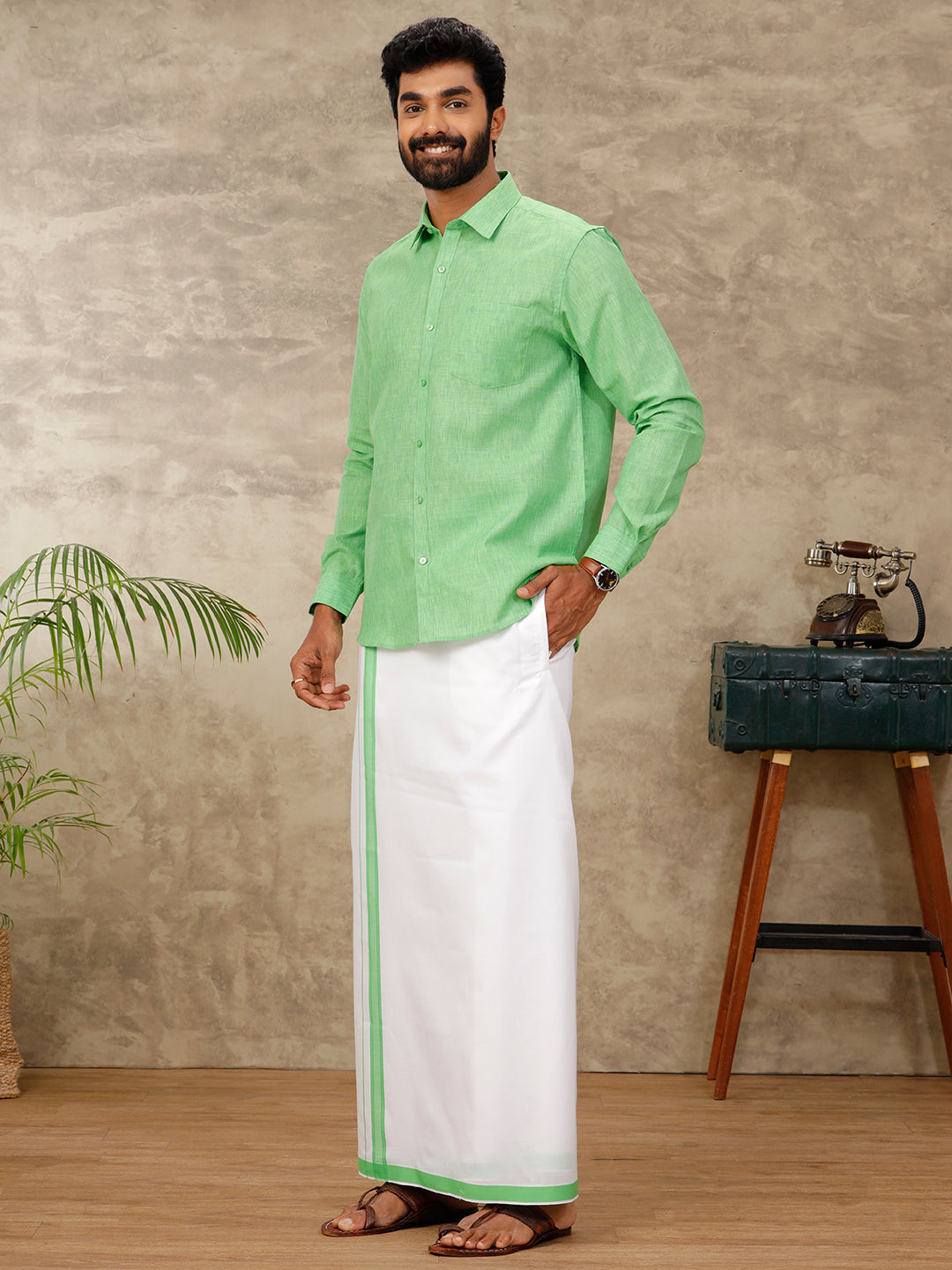 Men Matching Dhoti & Full Sleeves Shirt Set Green CC6