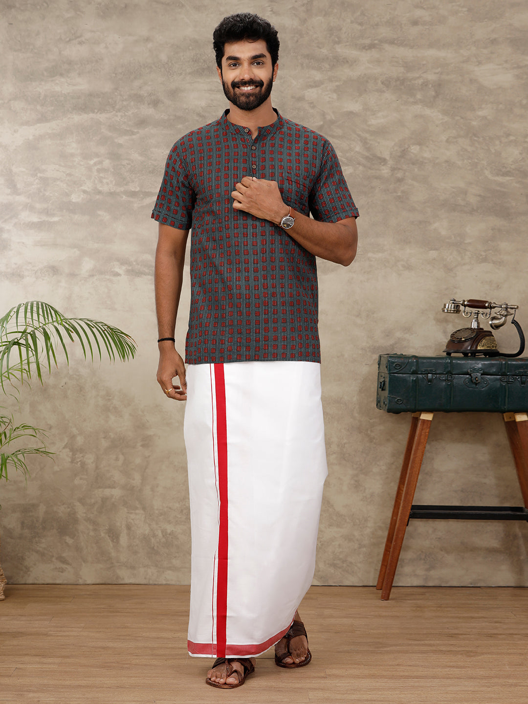 Men Greenish Red Short Length Kurta with Single Layer White Dhoti Set OC1