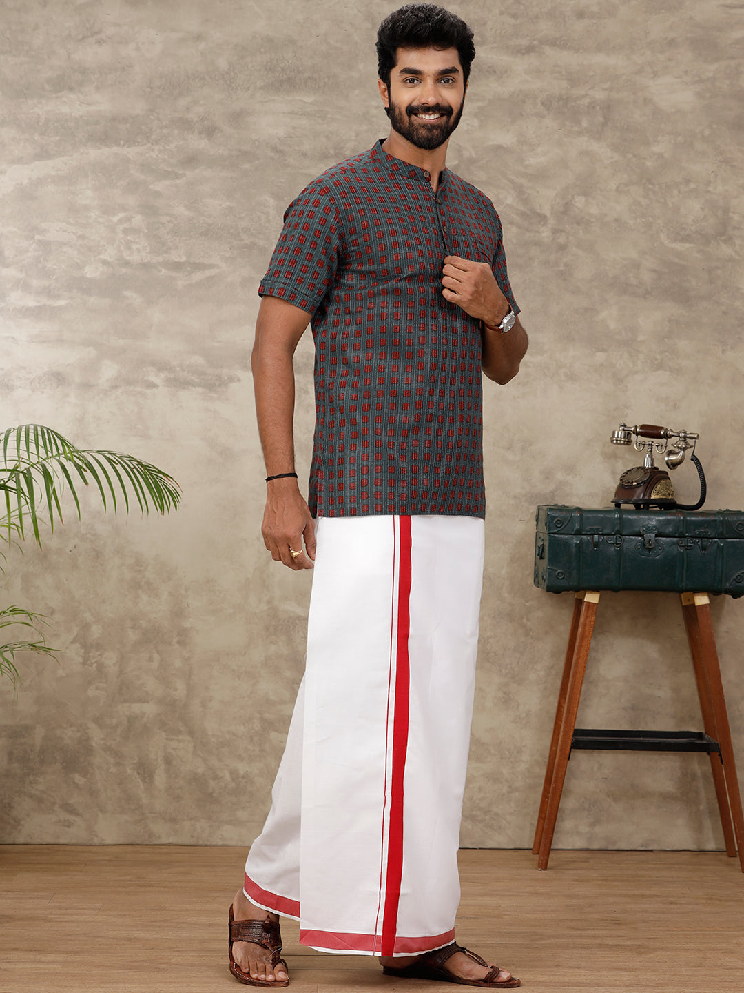 Men Cotton Blend Single Layer White Dhoti with Fancy Border OC1