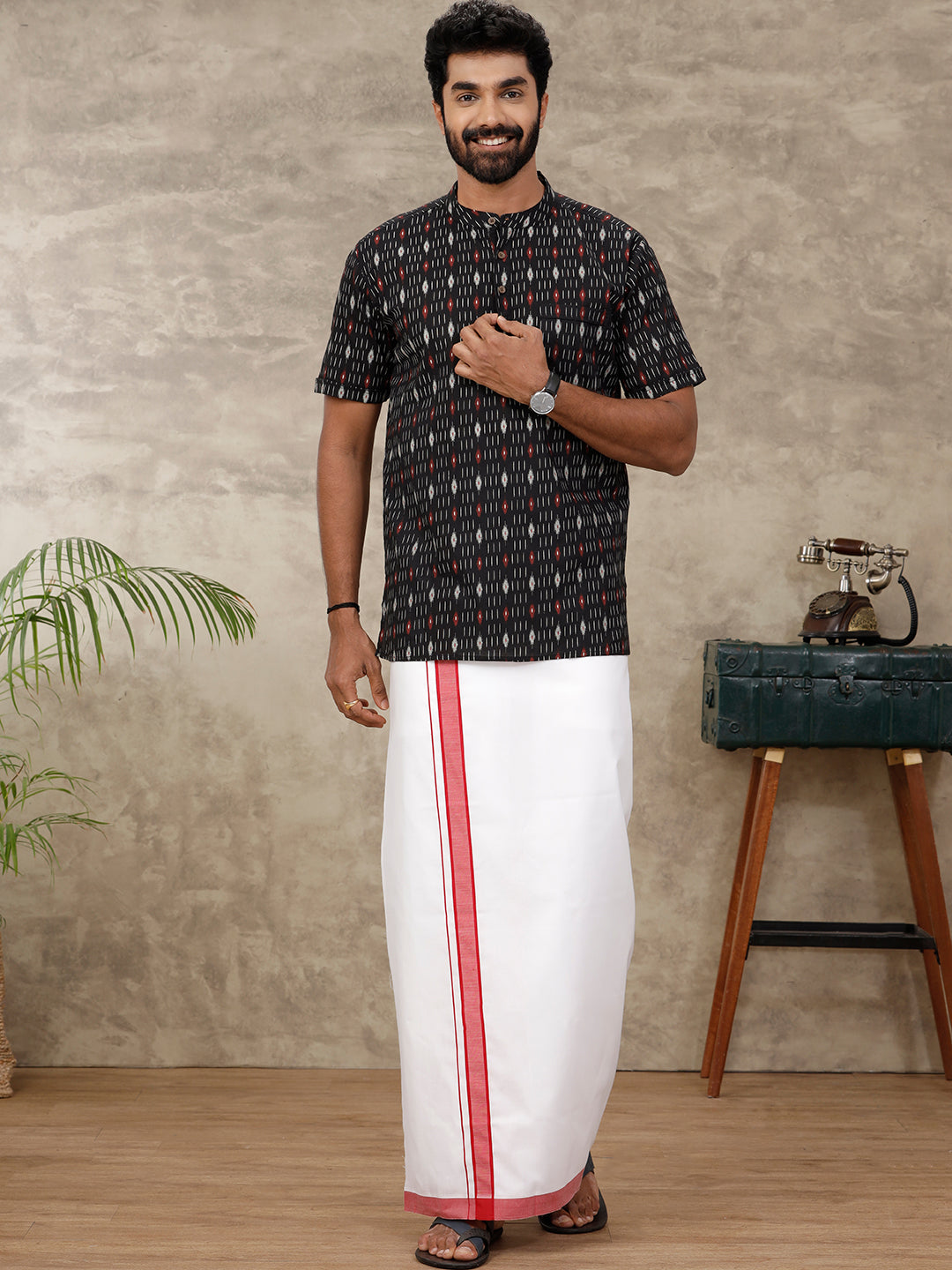 Men Cotton Short Length Printed Pocket Kurta Black OC26