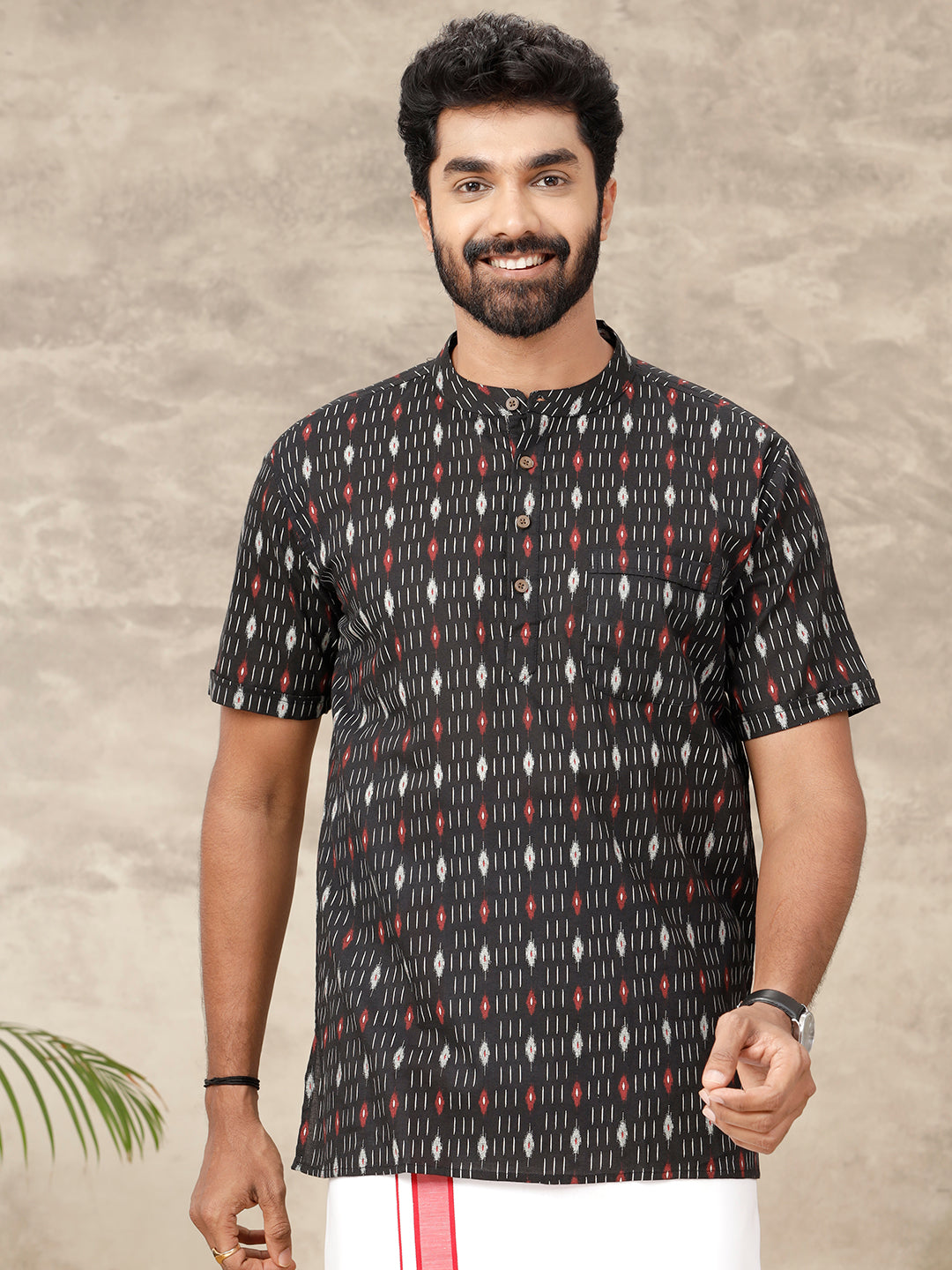 Men Cotton Short Length Printed Pocket Kurta Black OC26