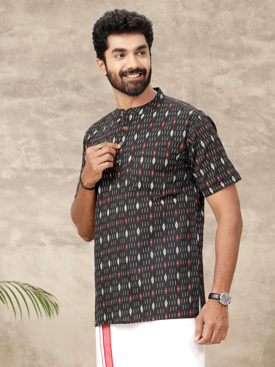 Men Cotton Short Length Printed Pocket Kurta Black OC26