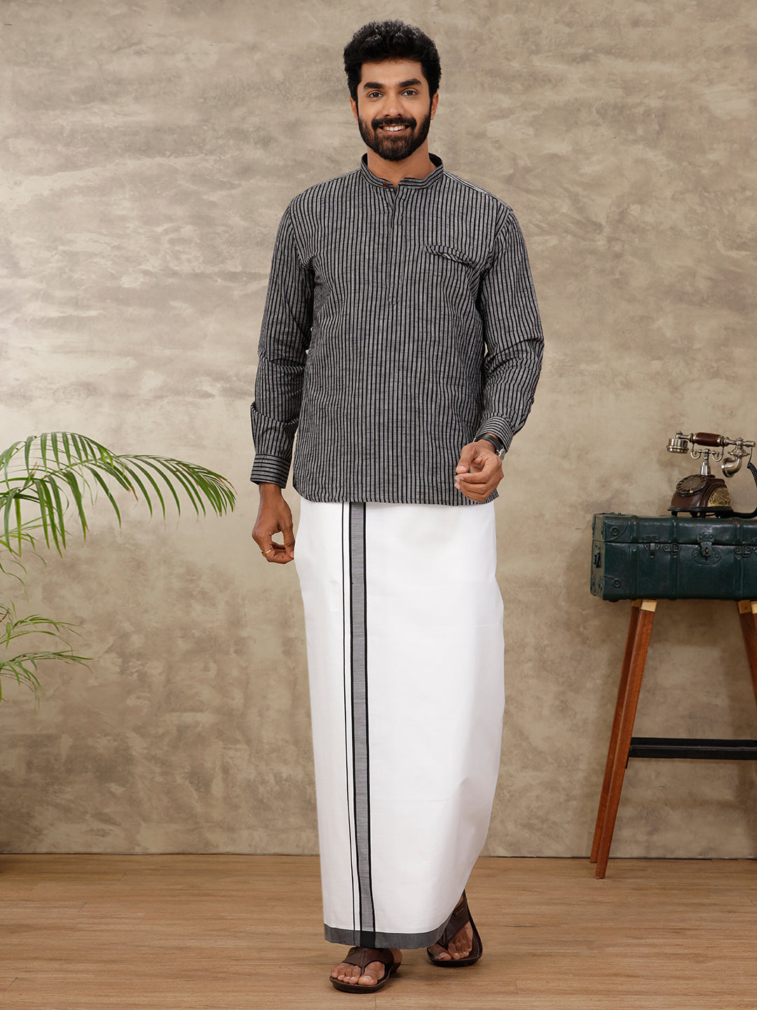 Men Greyish Black Short Length Kurta with Single Layer White Dhoti Set PB11