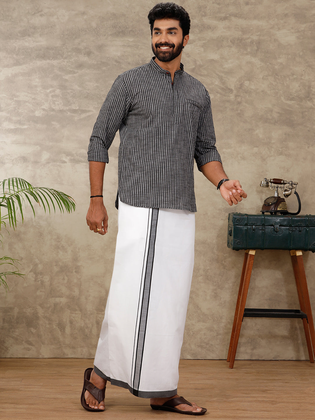 Men Greyish Black Short Length Kurta with Single Layer White Dhoti Set PB11