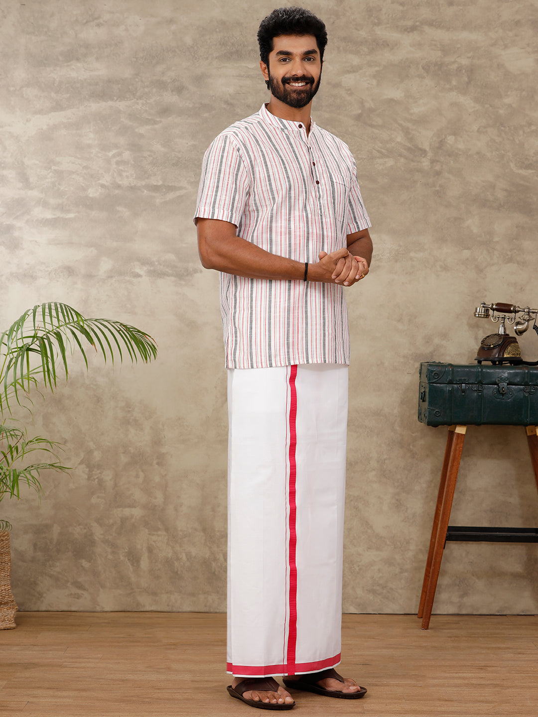 Men Cotton Blend Single Layer White Dhoti with Fancy Border PB24