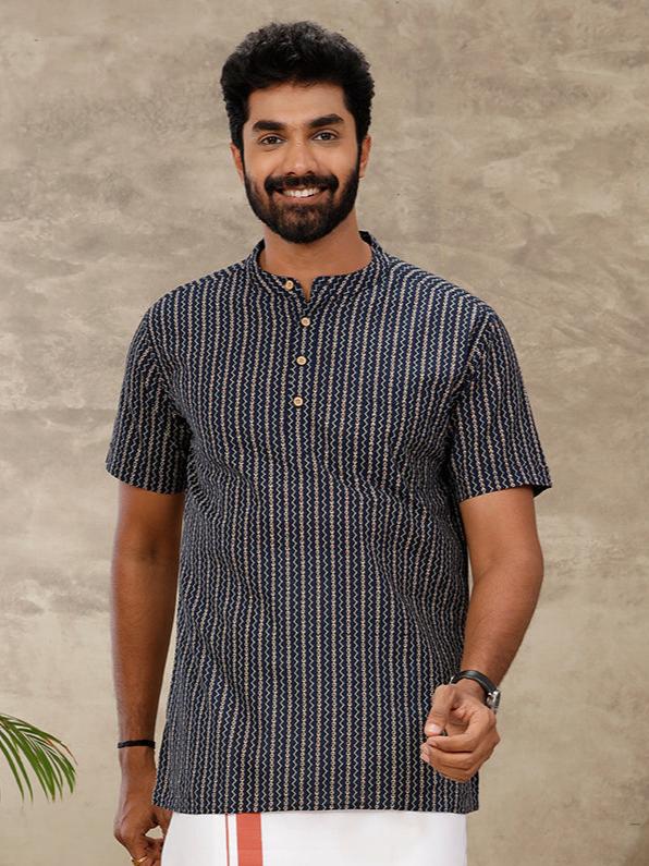 Cotton Short Length Printed Pocket Kurta Navy Blue OC9