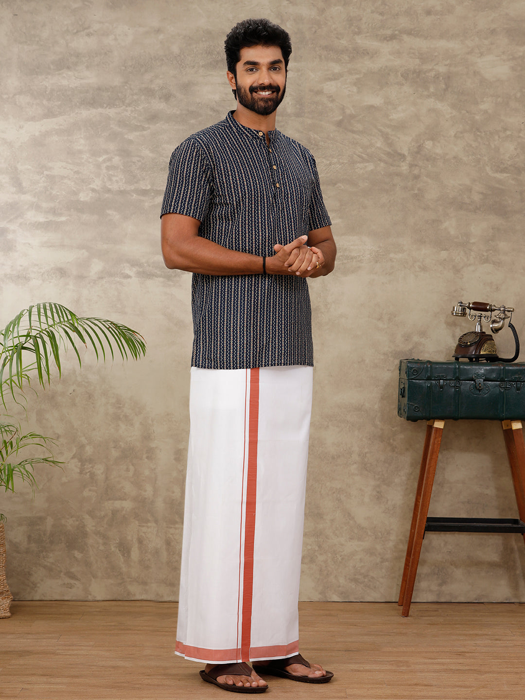 Men Cotton Blend Single Layer White Dhoti with Fancy Border OC9