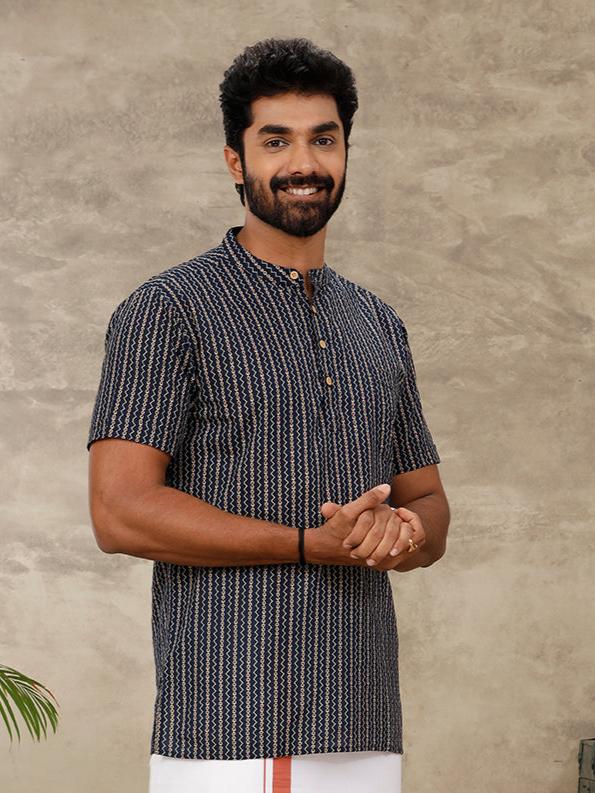 Cotton Short Length Printed Pocket Kurta Navy Blue OC9
