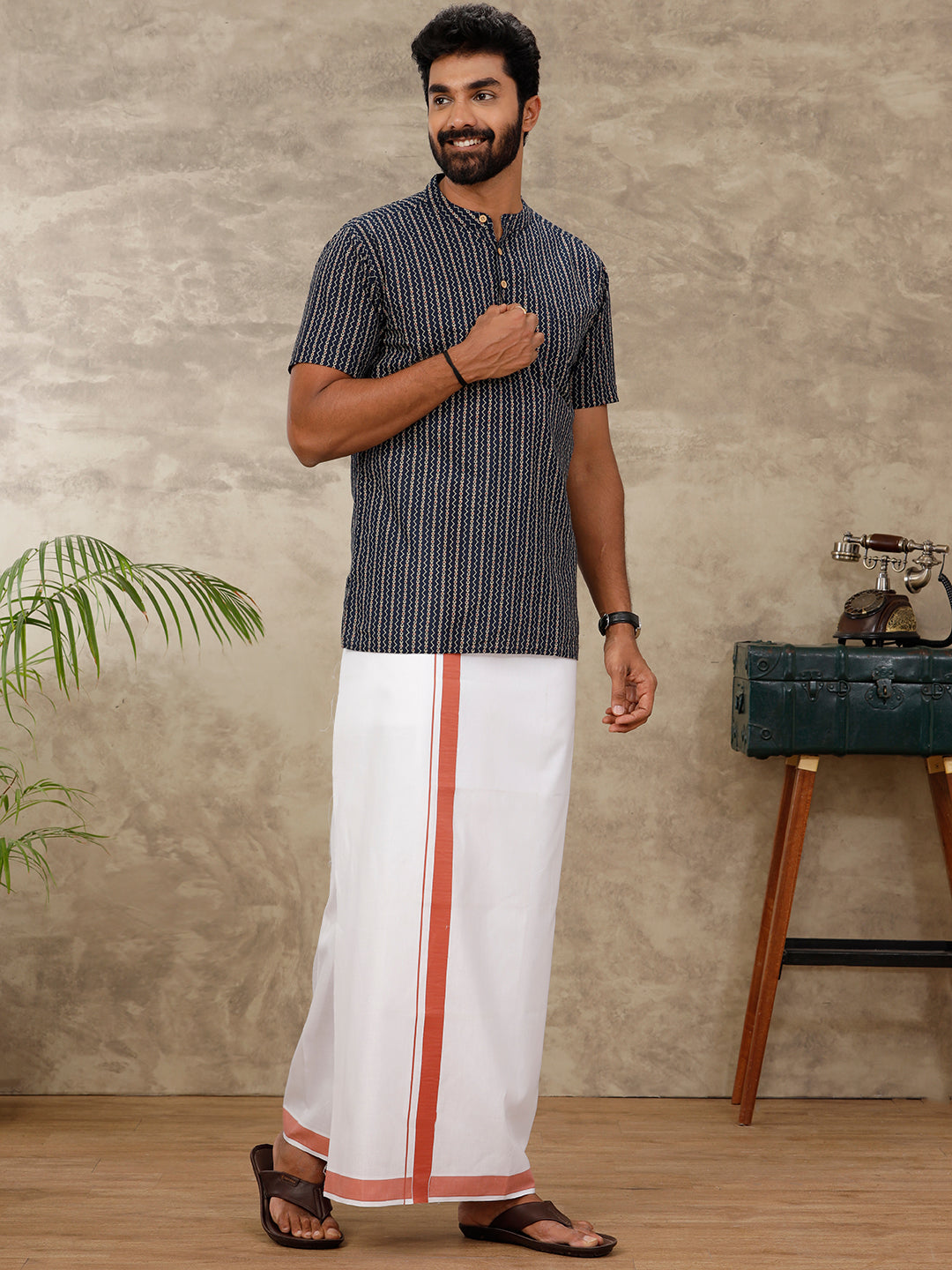 Men Cotton Blend Single Layer White Dhoti with Fancy Border OC9