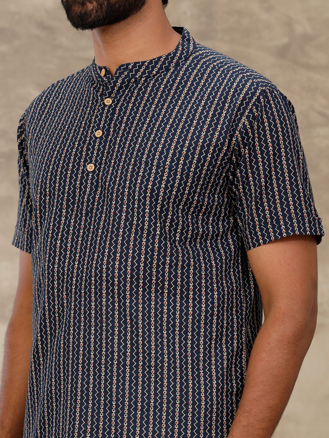 Cotton Short Length Printed Pocket Kurta Navy Blue OC9