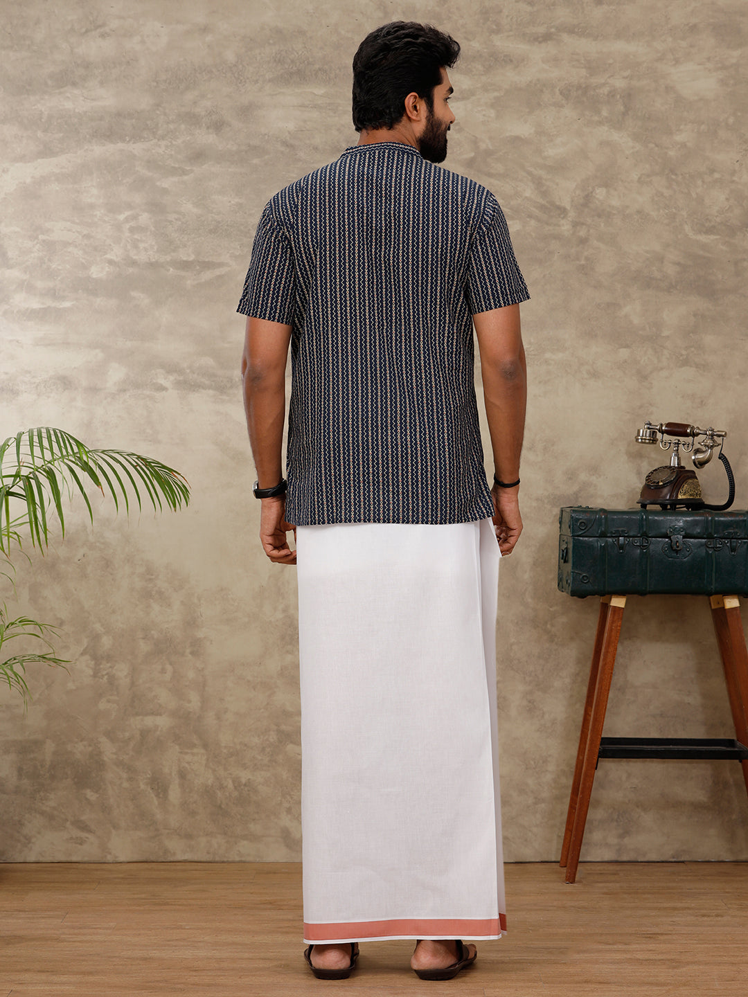 Men Cotton Blend Single Layer White Dhoti with Fancy Border OC9