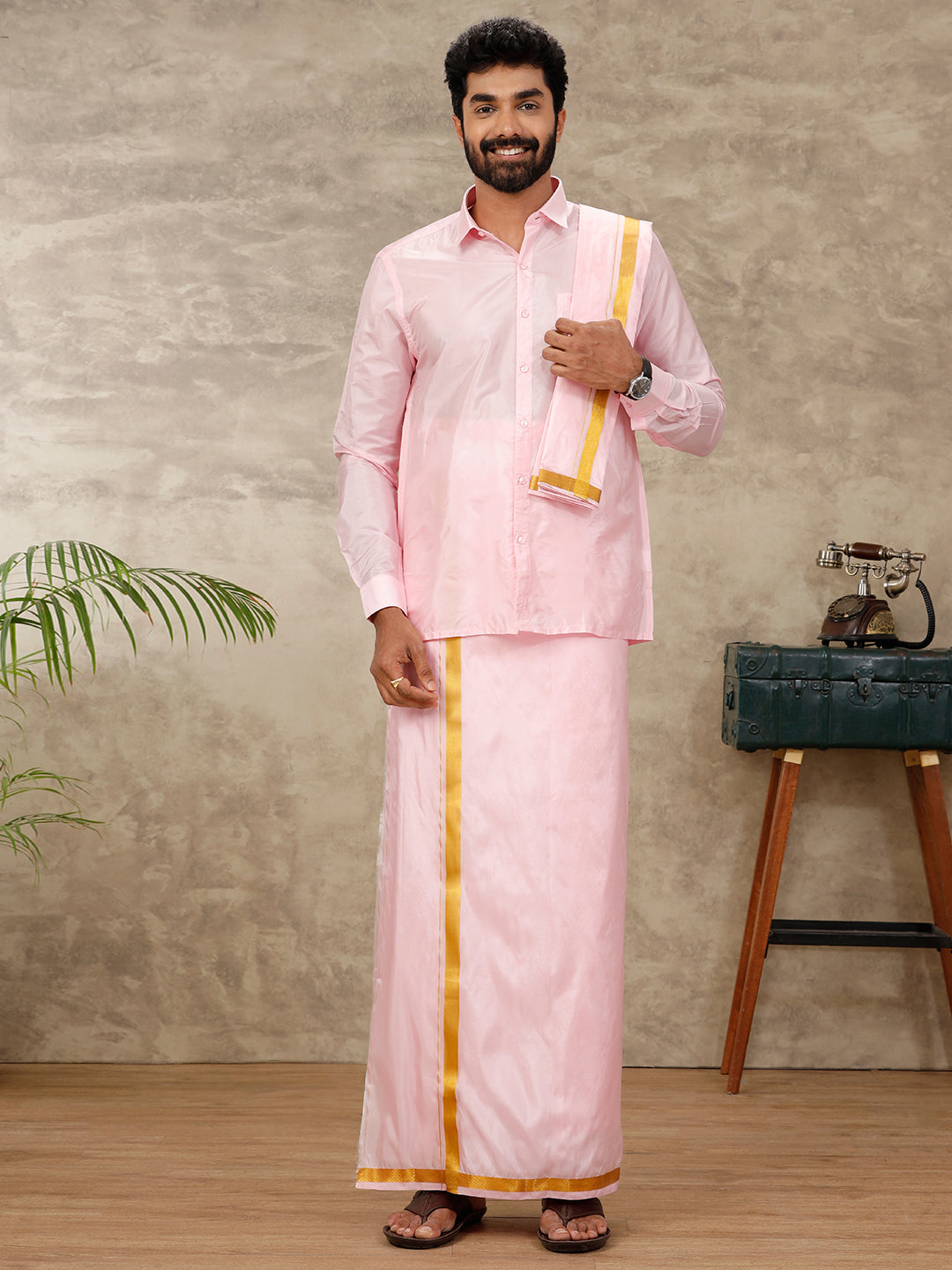 Men Art Silk Pink Shirt Dhoti Towel Set Swayamvara