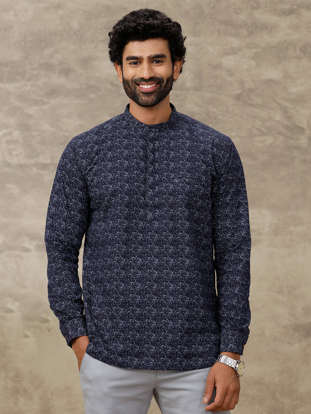 Men Cotton Short Length Printed Pocket Kurta Galaxy Blue RC15