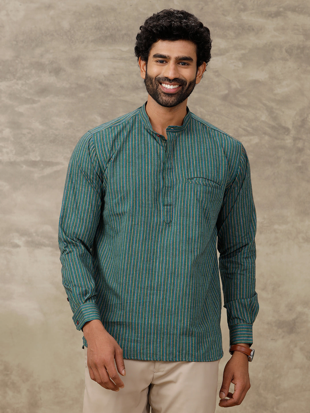 Men Cotton Short Length Striped Pocket Kurta Greenish Blue RC13