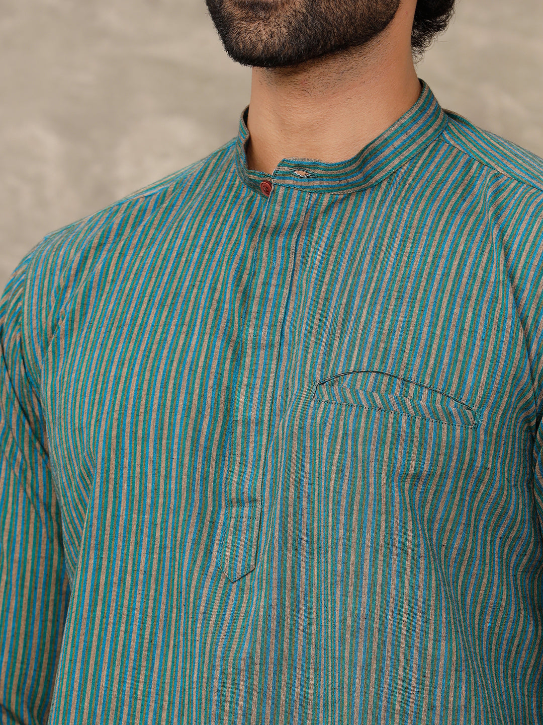 Men Cotton Short Length Striped Pocket Kurta Greenish Blue RC13
