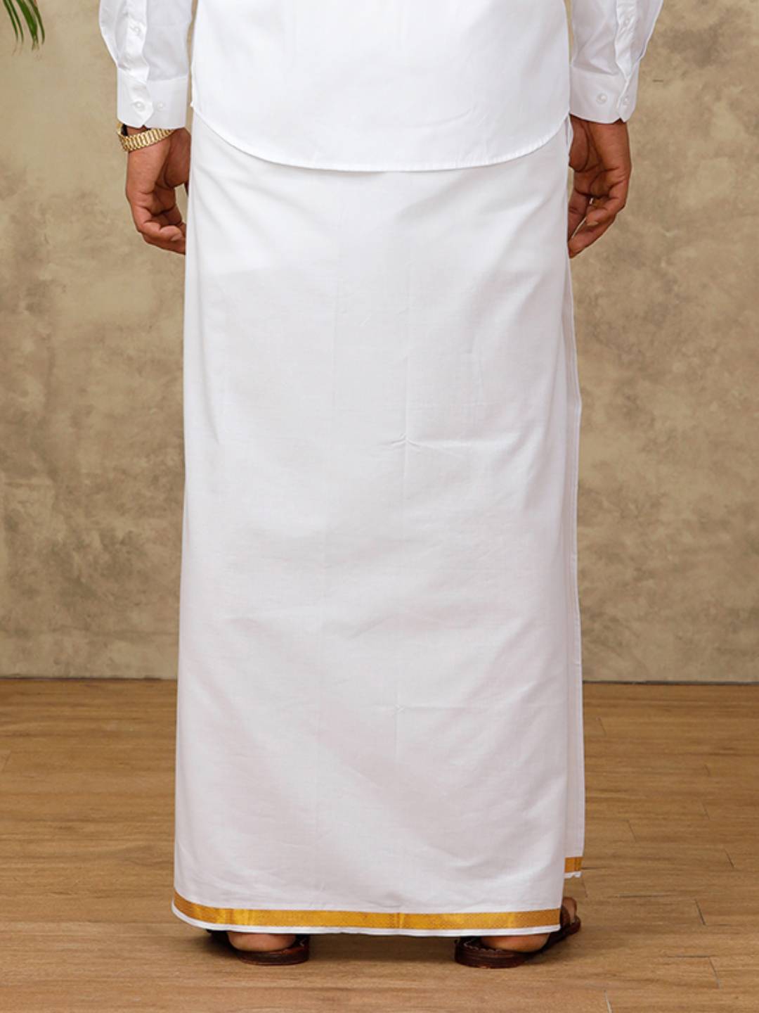 Men Cotton Blend Single Layer White Dhoti with 1" inch Gold Jari Border Jupiter