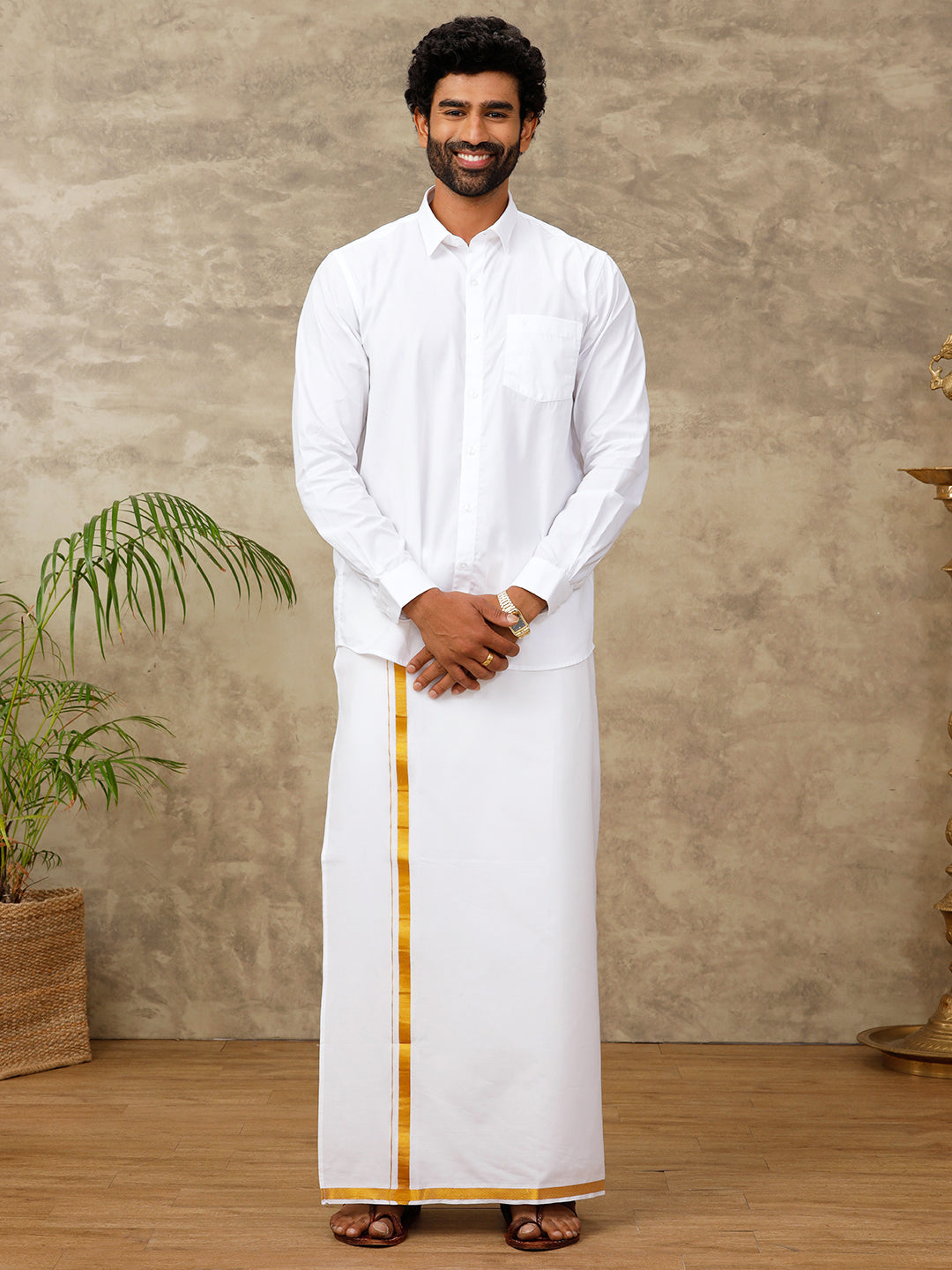Men Cotton Blend Single Layer White Dhoti with 1" inch Gold Jari Border Jupiter