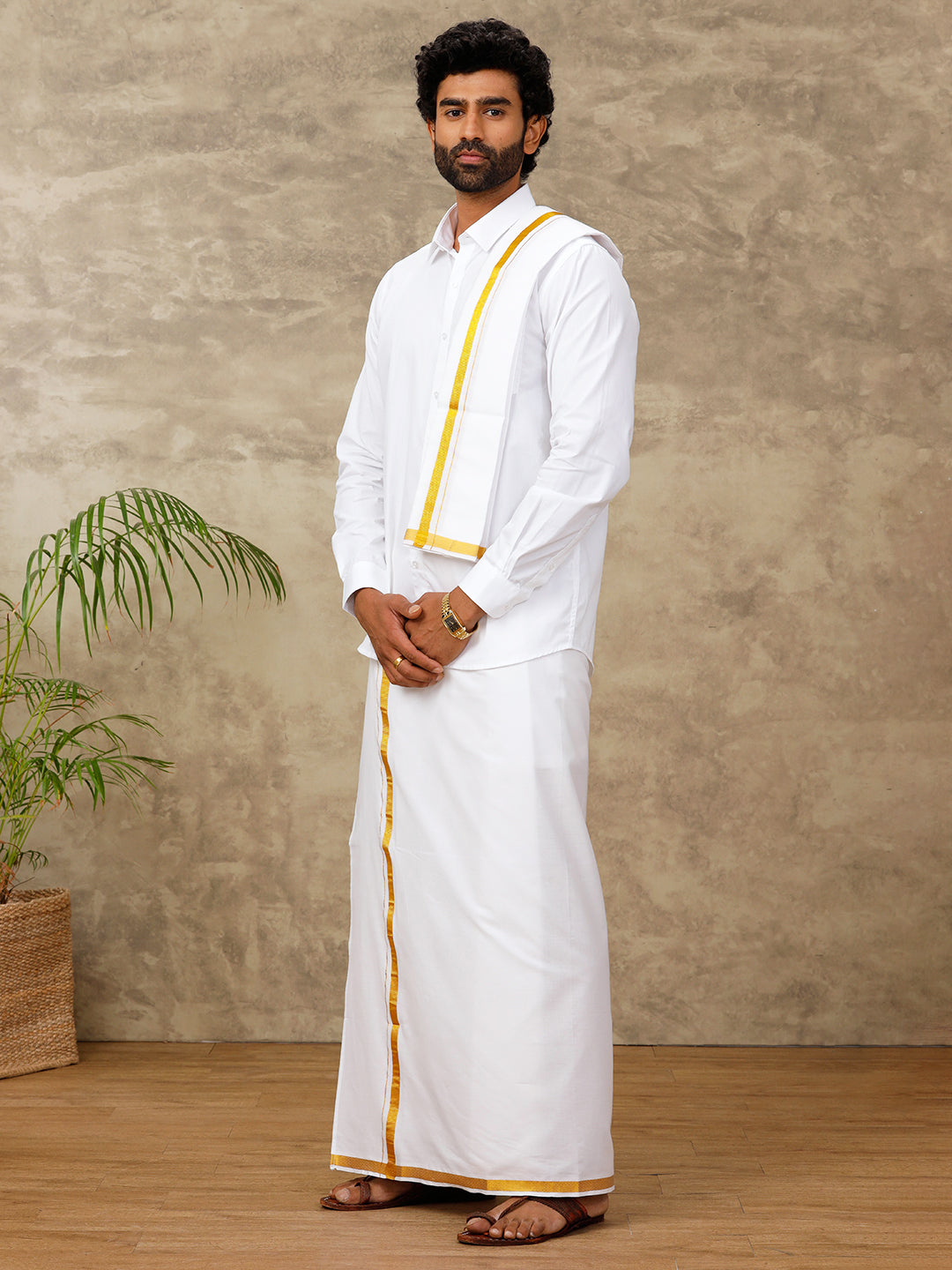 Men Cotton Blend Single Layer White Dhoti & Towel Set with 3/4 "Gold Jari Border