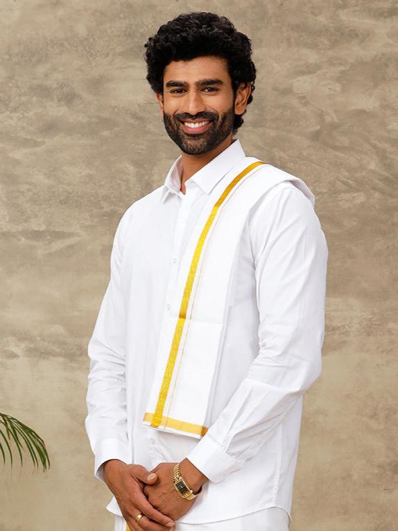 Men Cotton Blend Single Layer White Dhoti & Towel Set with 3/4 "Gold Jari Border
