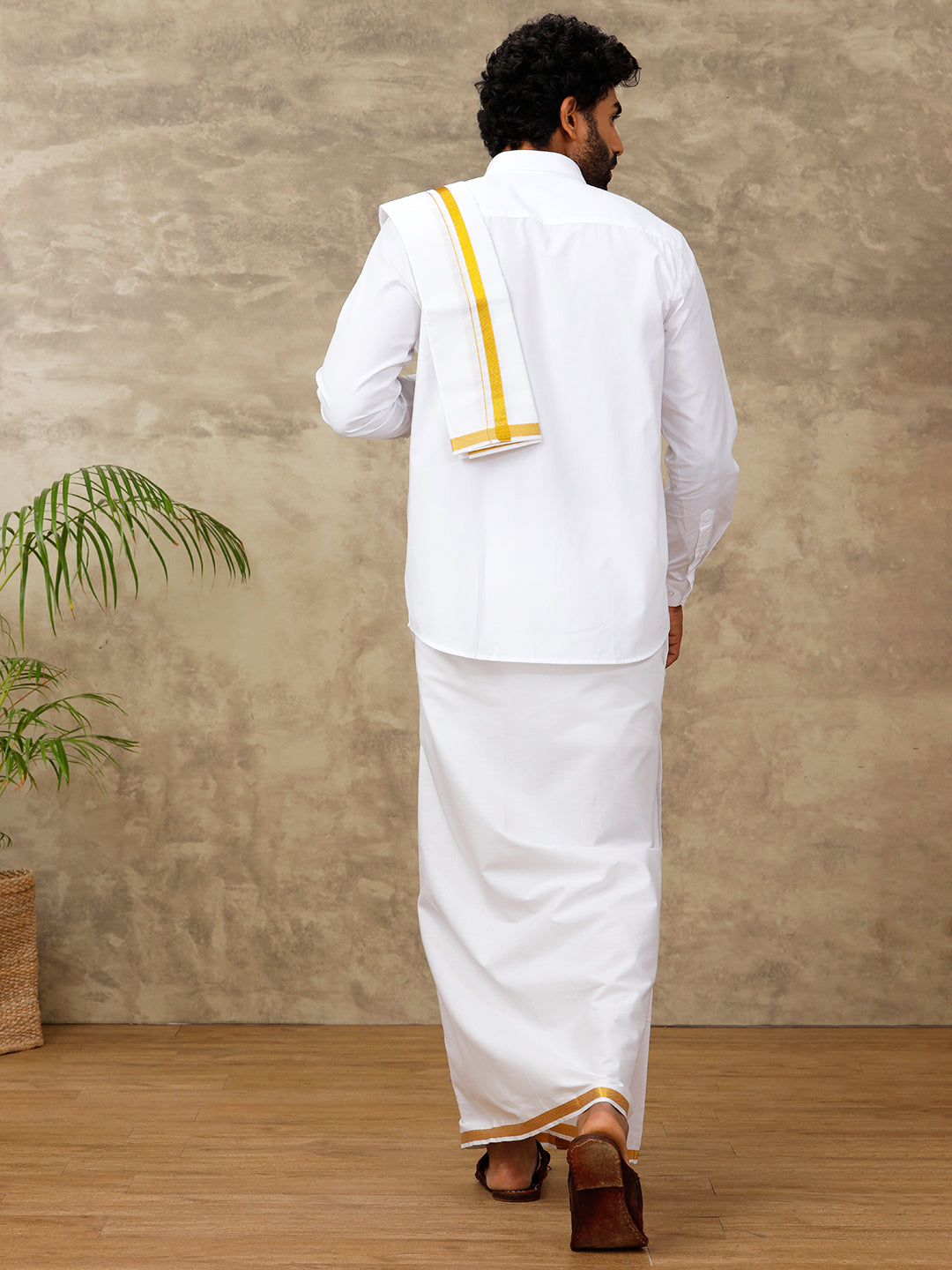 Men Cotton Blend Single Layer White Dhoti & Towel Set with 3/4 "Gold Jari Border