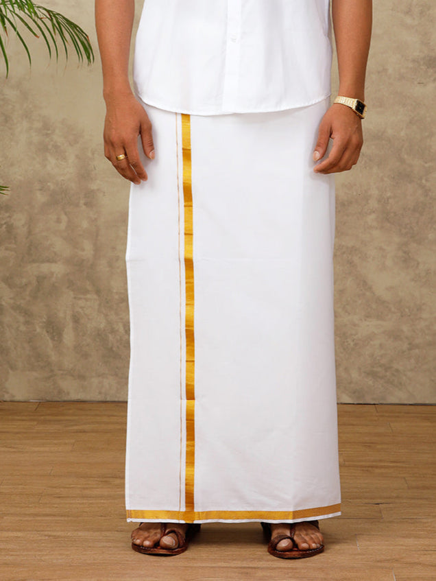 Men 100% Cotton Readymade Single Layer White Dhoti with Gold Jari Border 248