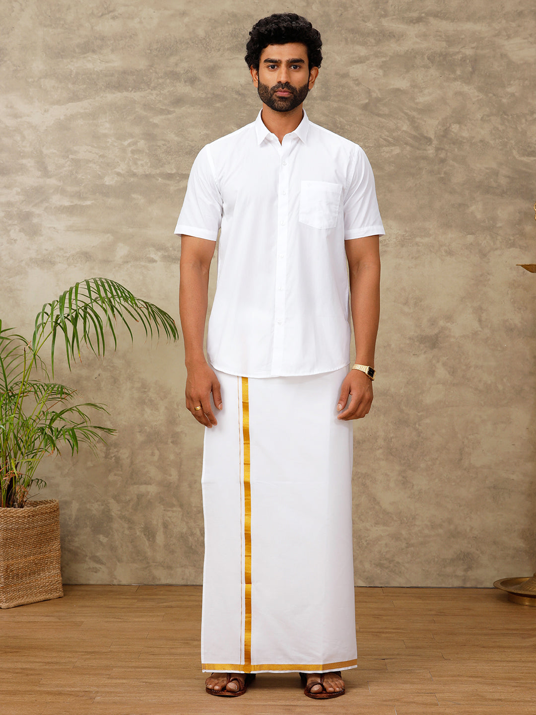 Men 100% Cotton Readymade Single Layer White Dhoti with Gold Jari Border 248