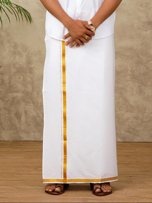 Men Cotton Blend Readymade Single Layer White Dhoti with 3/4" Gold Jari Border 248