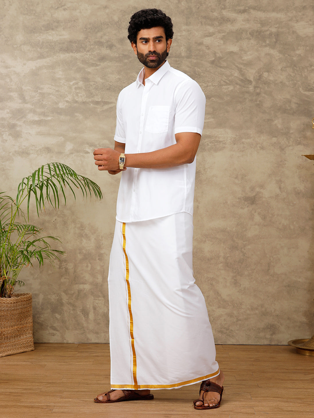 Men Cotton Blend Readymade Single Layer White Dhoti with 3/4" Gold Jari Border 248