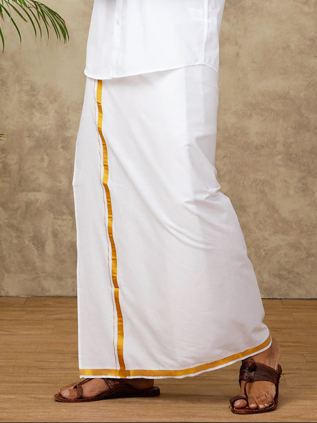 Men 100% Cotton Readymade Single Layer White Dhoti with Gold Jari Border 248