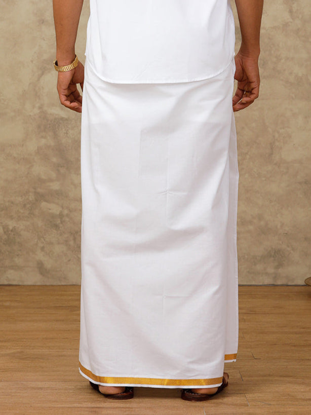 Men Cotton Blend Readymade Single Layer White Dhoti with 3/4" Gold Jari Border 248