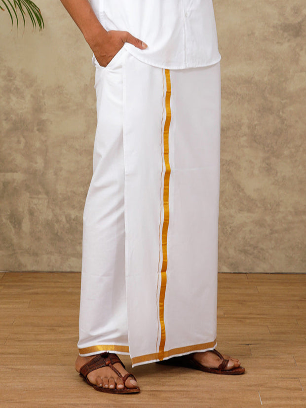 Men Cotton Blend Readymade Single Layer White Dhoti with 3/4" Gold Jari Border 248