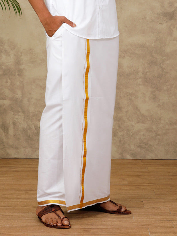 Men 100% Cotton Readymade Single Layer White Dhoti with Gold Jari Bord