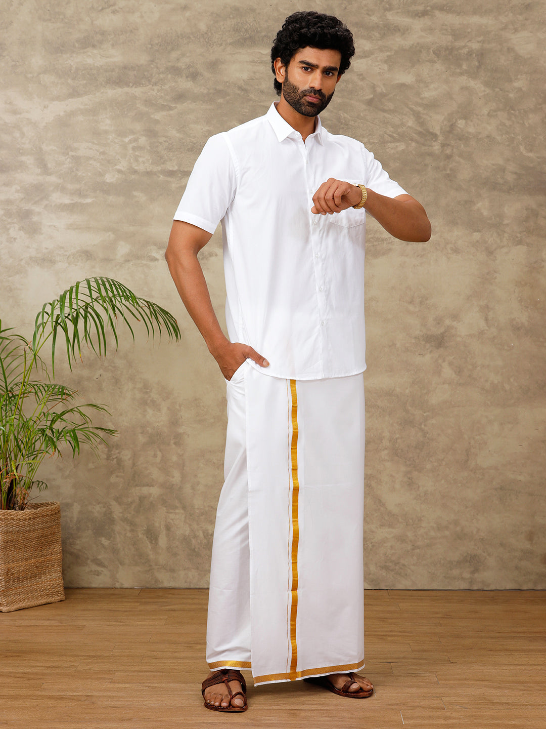 Men Cotton Blend Readymade Single Layer White Dhoti with Gold Jari Border Genxt