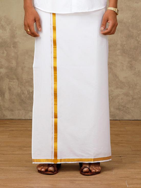 Men Cotton Blend Single Layer White Dhoti & Towel Set with 3/4 "Gold Jari Border