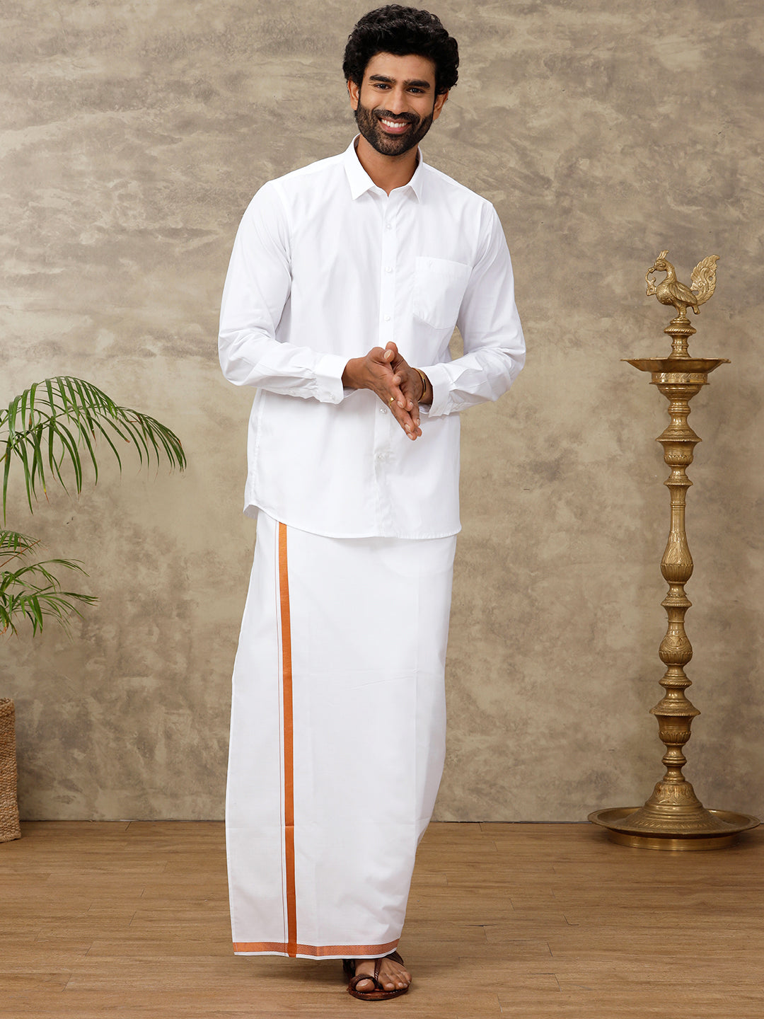 Men Cotton Blend Readymade Single Layer White Dhoti with 3/4" Copper Jari Border