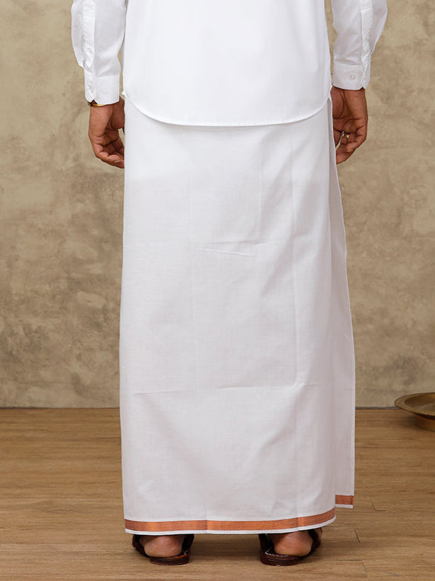 Men Cotton Blend Readymade Single Layer White Dhoti with 3/4"  Copper Jari Border