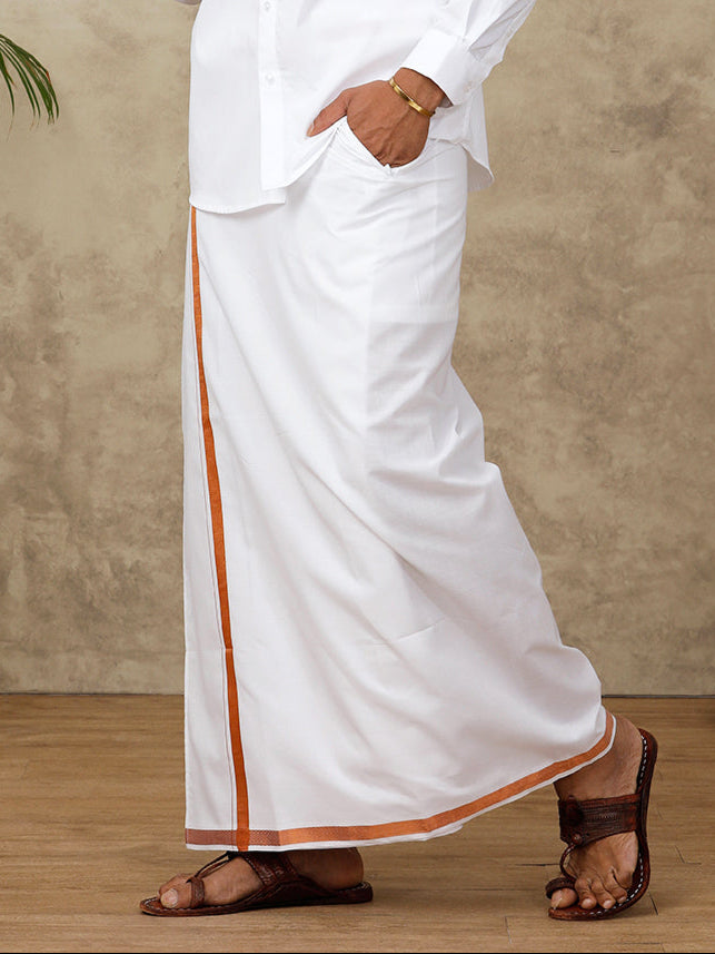 Men Cotton Blend Readymade Single Layer White Dhoti with 3/4"  Copper Jari Border