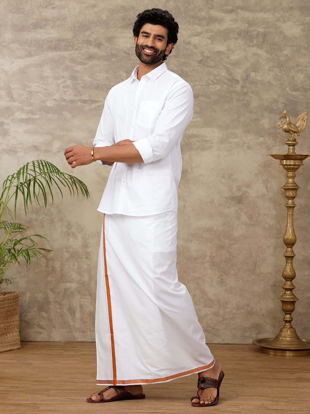 Men Cotton Blend Readymade Single Layer White Dhoti with 3/4"  Copper Jari Border