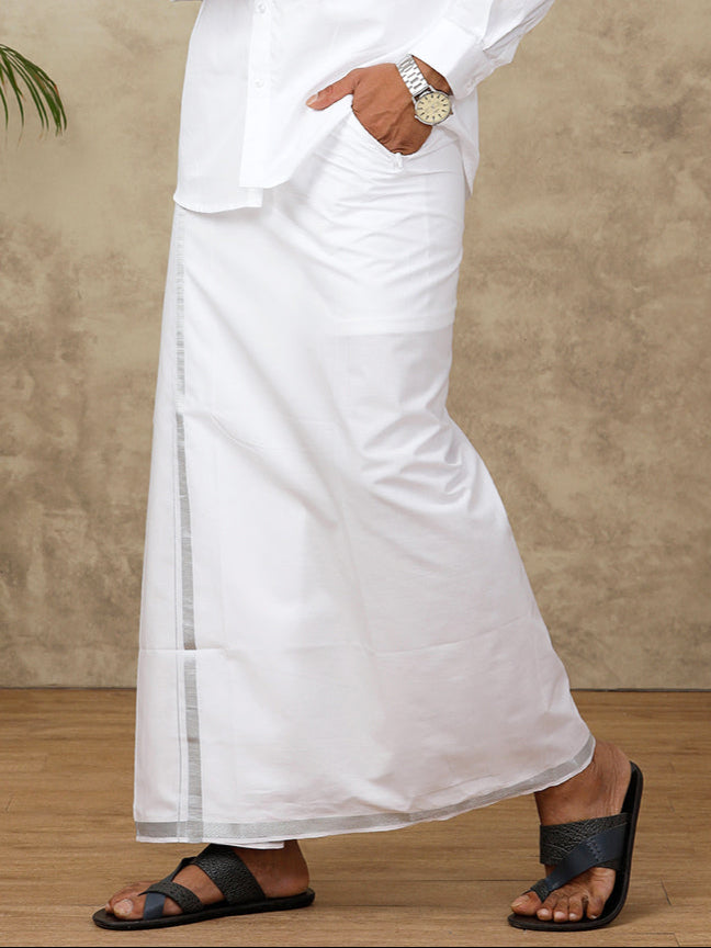 Men White With Silver Jari Border Readymade Adjustable Double Layer Dhoti 11498SIL