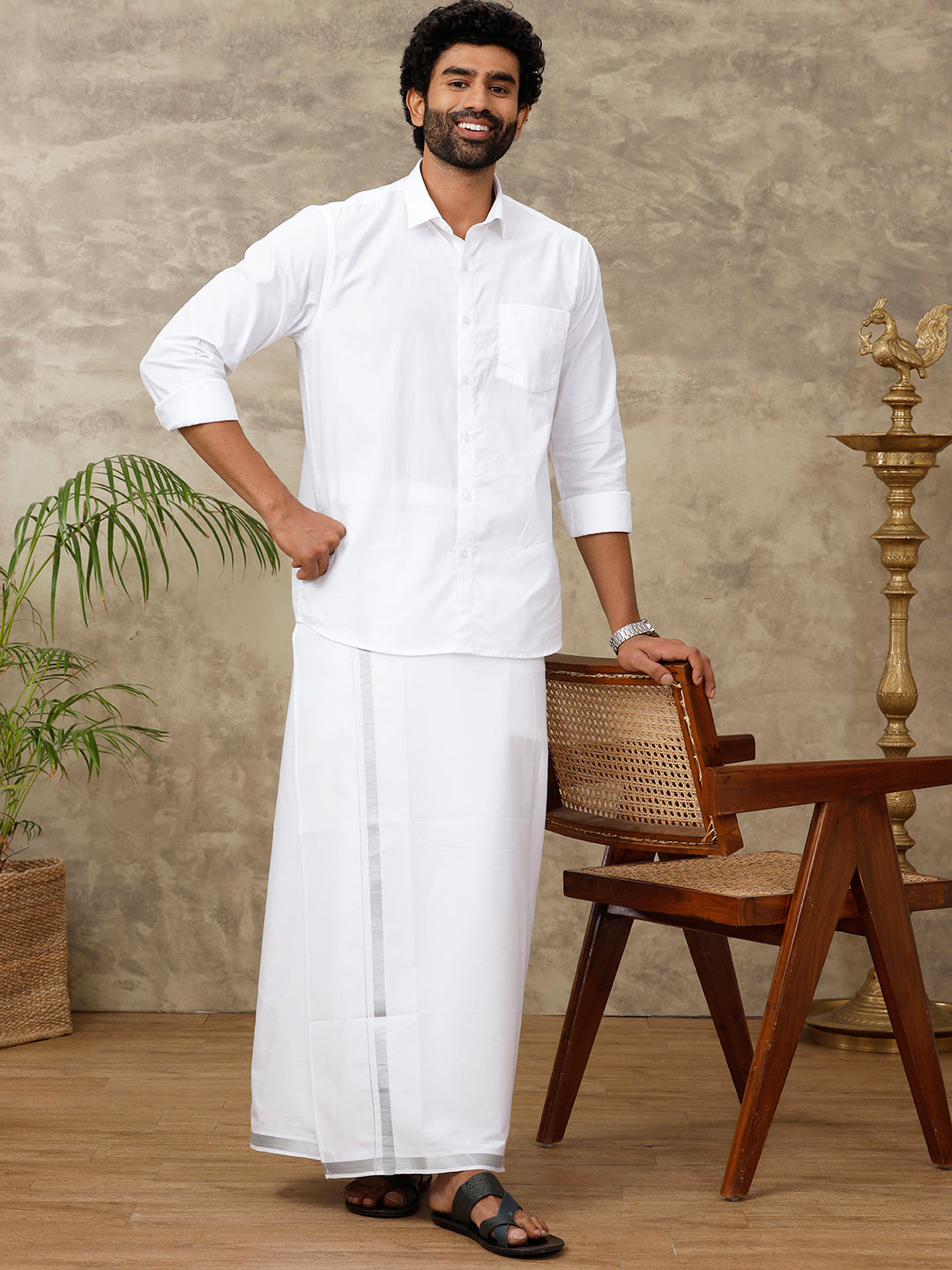 Men White With Silver Jari Border Readymade Adjustable Double Layer Dhoti 11498SIL