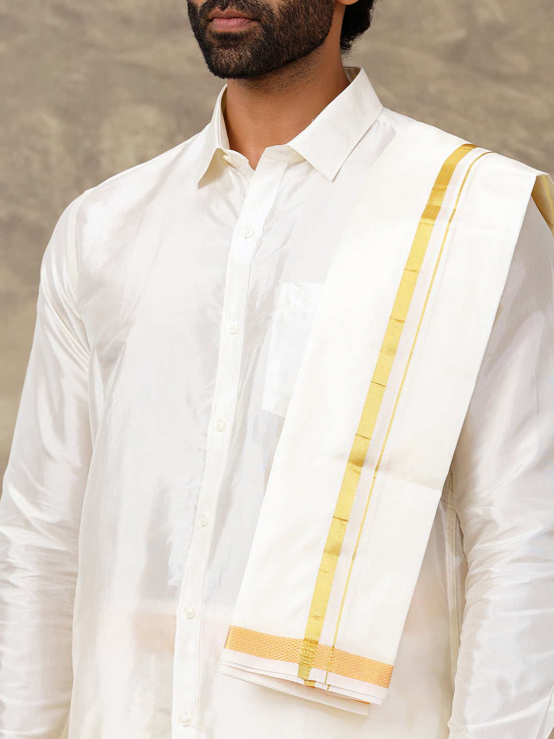 Men Pure Silk Cream with 1 1/2" inch Jari Border Dhoti & Towel Set Thirukalyan 50K