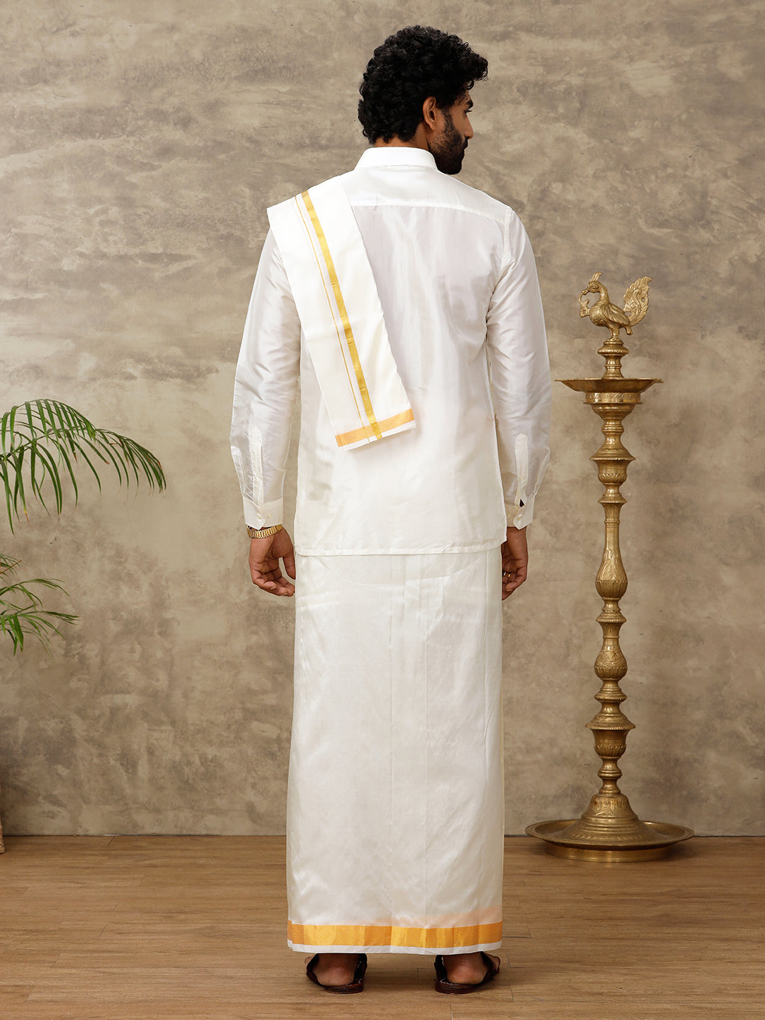 Men Pure Silk Cream with 1 1/2" inch Jari Border Dhoti & Towel Set Thirukalyan 50K