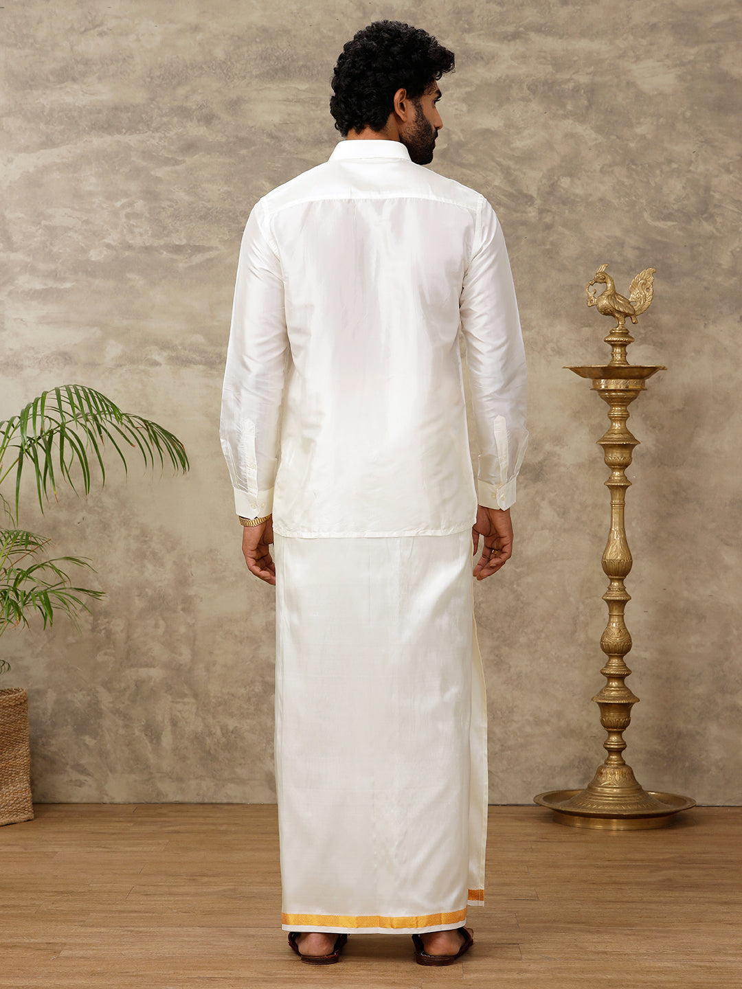 Men Silk Cream with 1/2" inch Gold Jari Border Dhoti & Shirting Suba Hamsa