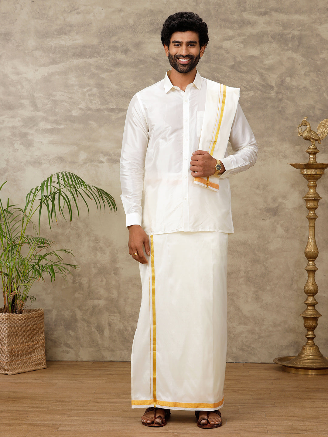 Men Silk Cream with 3/4" Gold Jari Border Readymade Dhoti & Towel Set